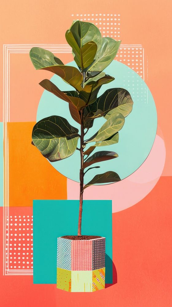 Collage Retro dreamy houseplant art leaf tree.
