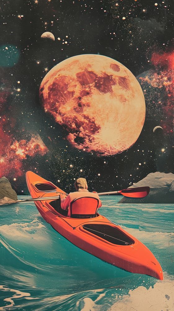 Collage Retro dreamy kayak astronomy kayaking outdoors.