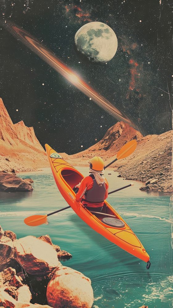 Collage Retro dreamy kayak astronomy outdoors kayaking.