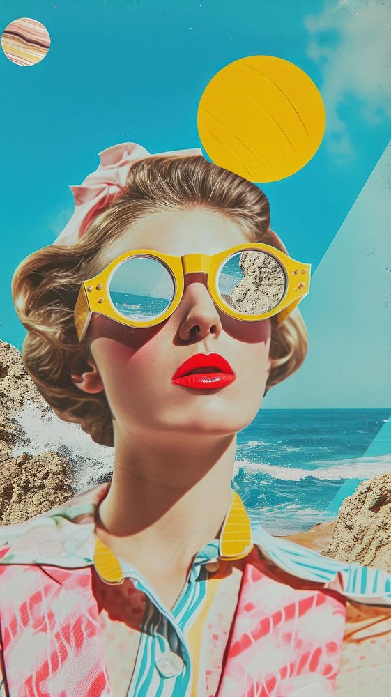 Collage Retro dreamy lifestyle sunglasses portrait outdoors.