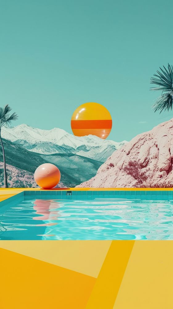 Collage Retro dreamy pool outdoors summer nature.