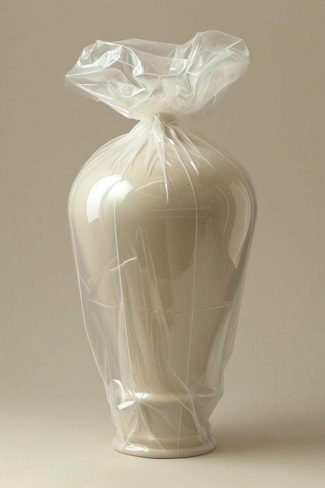 Plastic wrapping over ceramic vase porcelain white art.