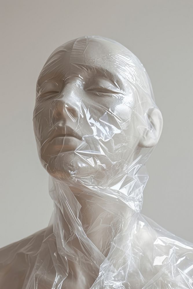 Plastic wrapping over manequin adult white creativity.