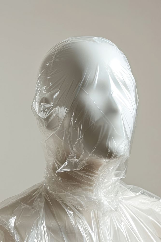 Plastic wrapping over manequin adult white portrait.