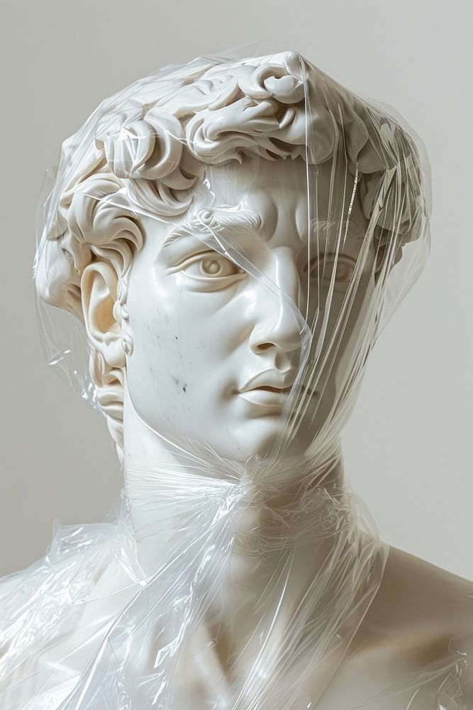 Plastic wrapping over renaissance sculpture white art representation.