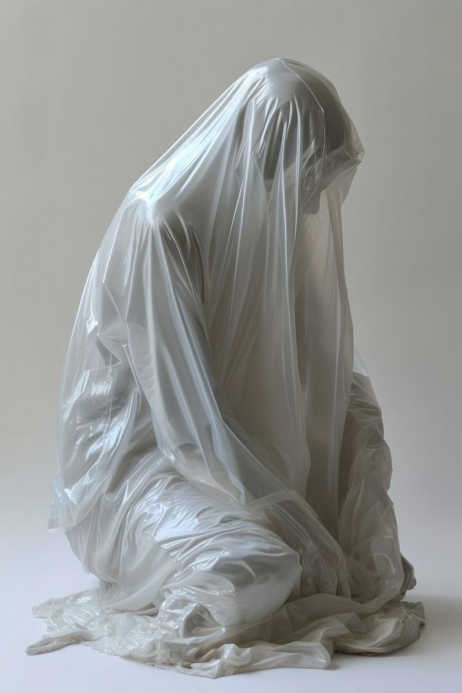 Plastic wrapping over statue adult bride white.