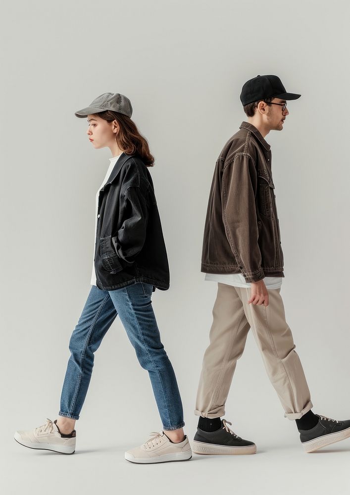 Couple walking footwear jacket.