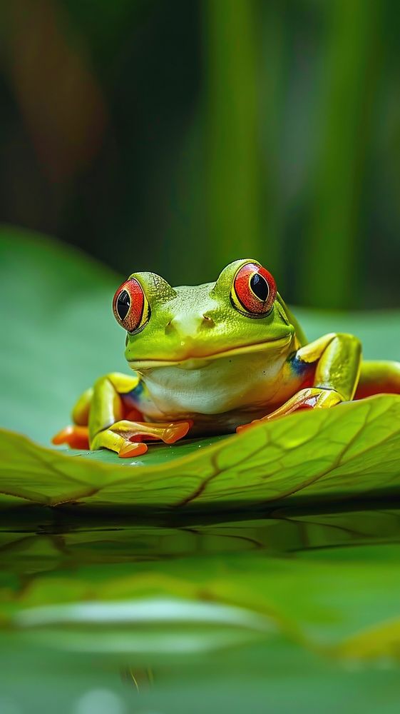 Frog on a lotus leaf amphibian wildlife reptile.