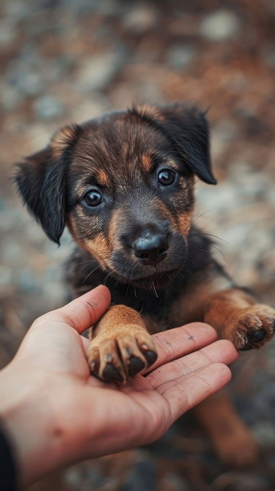 Adorable puppy gives paw hand outdoors mammal.
