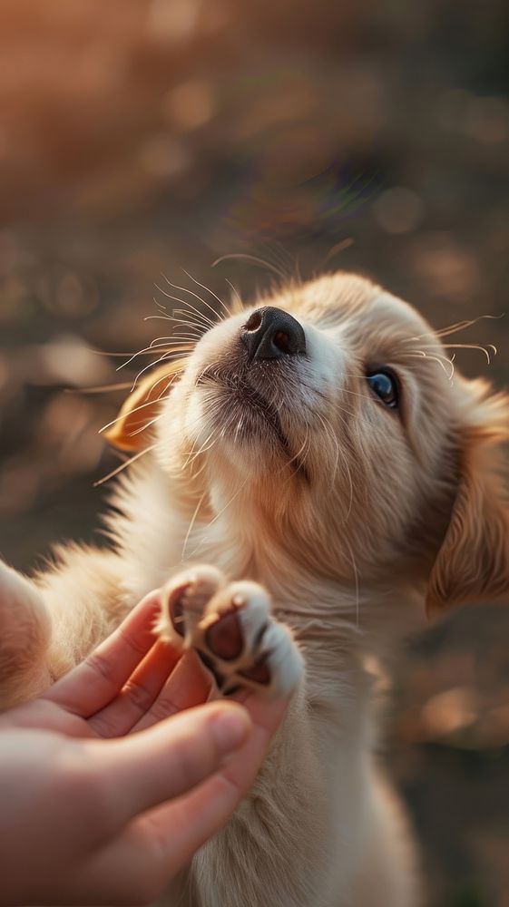 Adorable puppy gives paw hand mammal animal.
