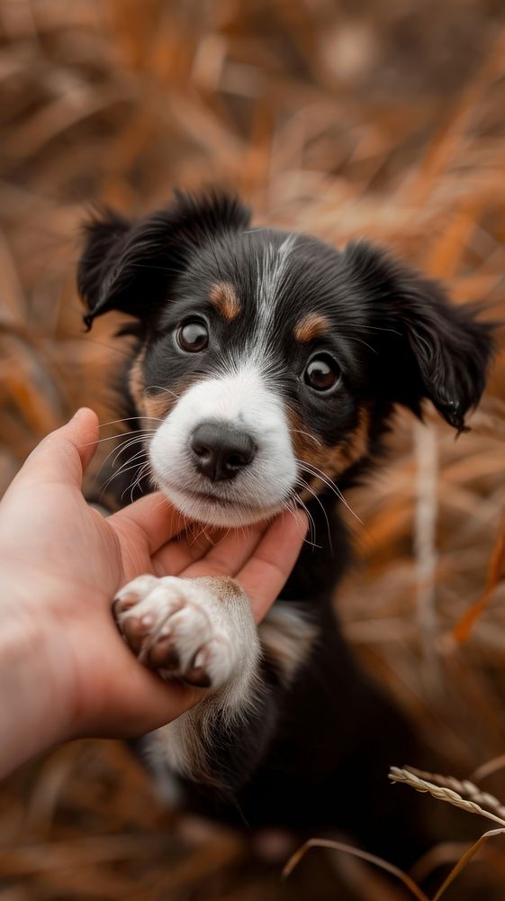 Adorable puppy gives paw outdoors mammal animal.
