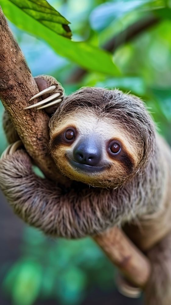 Sloth hanging on tree branch wildlife animal mammal.