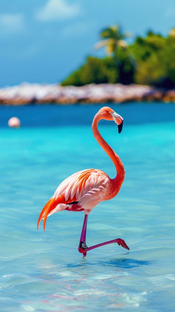 Pink african flamingo walking lagoon animal bird.