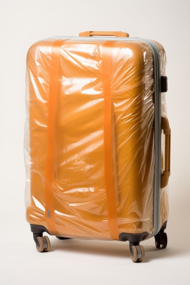 Plastic wrapping over a luggage suitcase white background furniture.