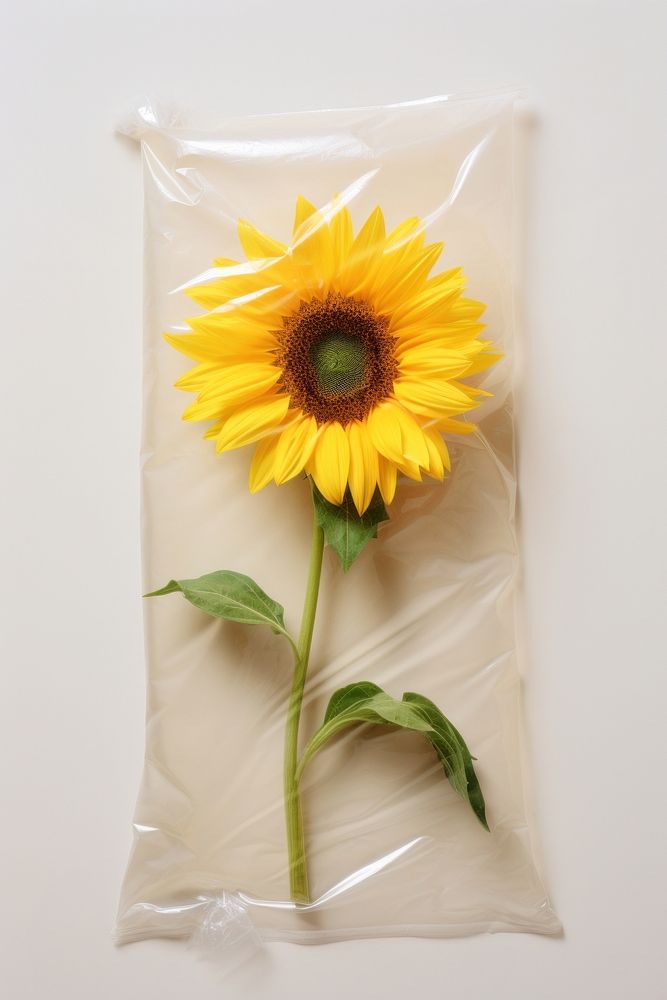Plastic wrapping over a dry sunflower plant inflorescence asterales.