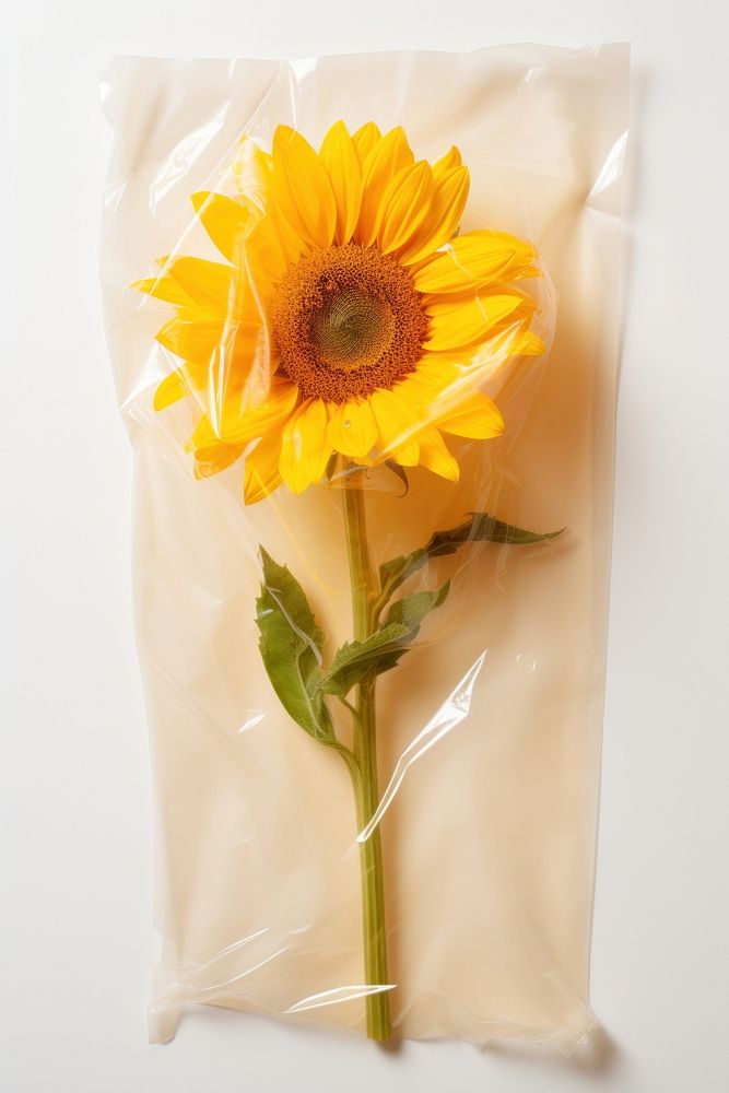 Plastic wrapping over a dry sunflower petal plant white background.