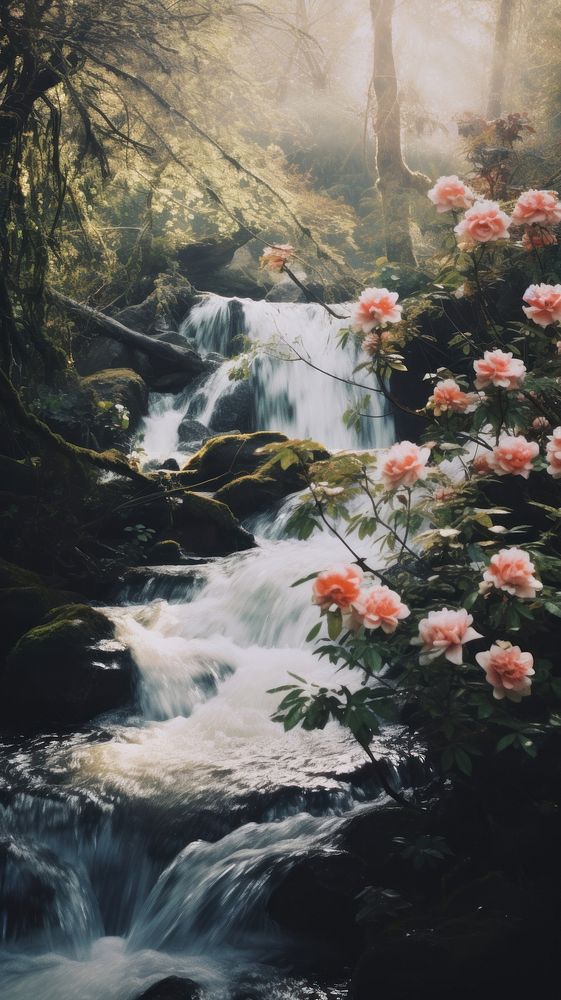  Waterfall in spring wilderness outdoors woodland. AI generated Image by rawpixel.