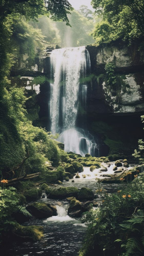 Waterfall in summer landscape outdoors woodland. AI generated Image by rawpixel.