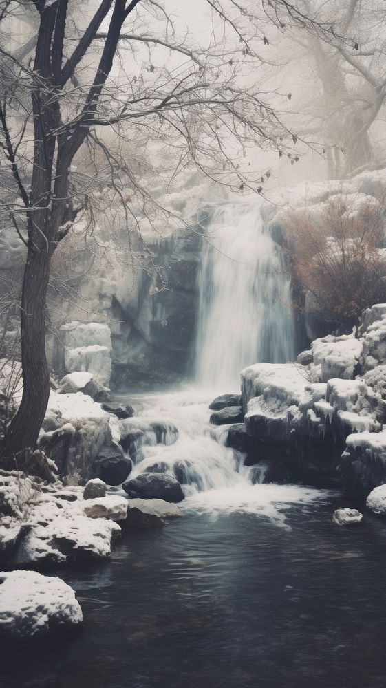  Waterfall in winter landscape outdoors nature. AI generated Image by rawpixel.