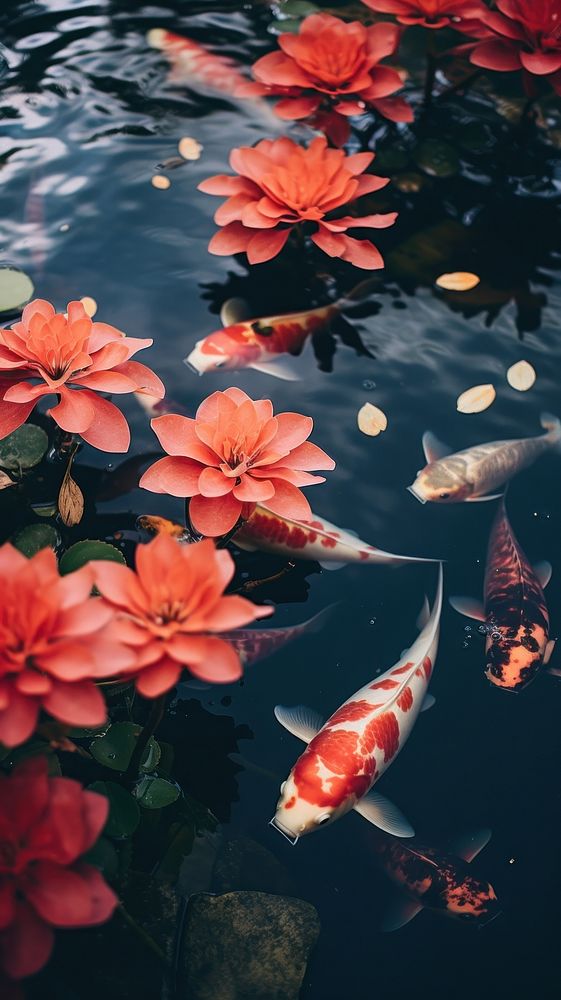  Pond with koi fish outdoors nature flower. AI generated Image by rawpixel.
