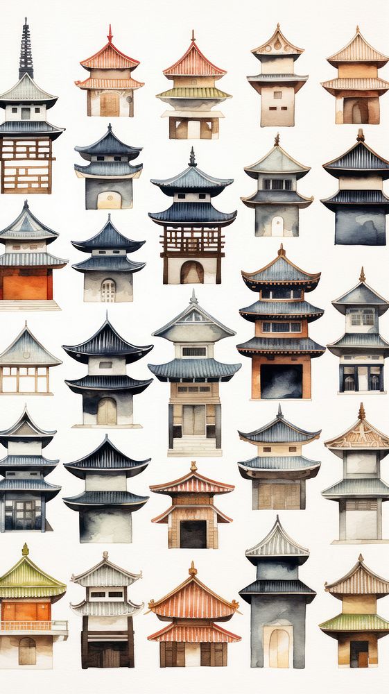 Watercolor of a Japanese architecture building pattern pagoda.