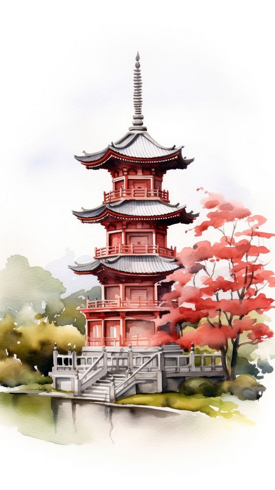 Watercolor of a Japanese temple architecture building pagoda.