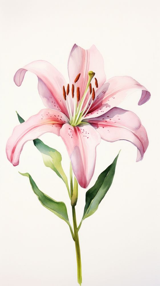 Watercolor of a single lilly blossom flower plant.