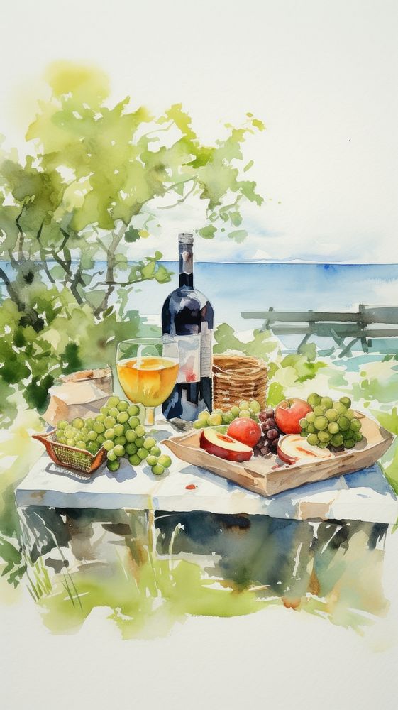 Watercolor of a picnic outdoors plate food.