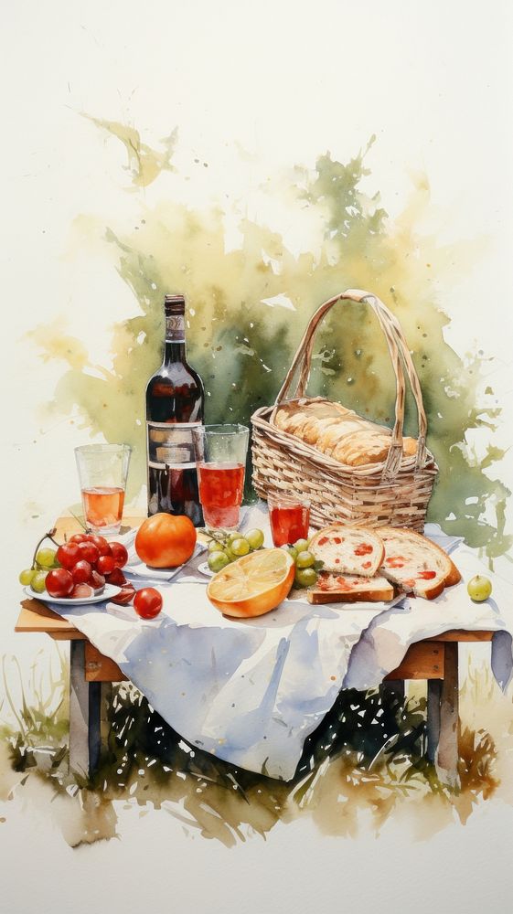 Watercolor of a picnic plate food refreshment.
