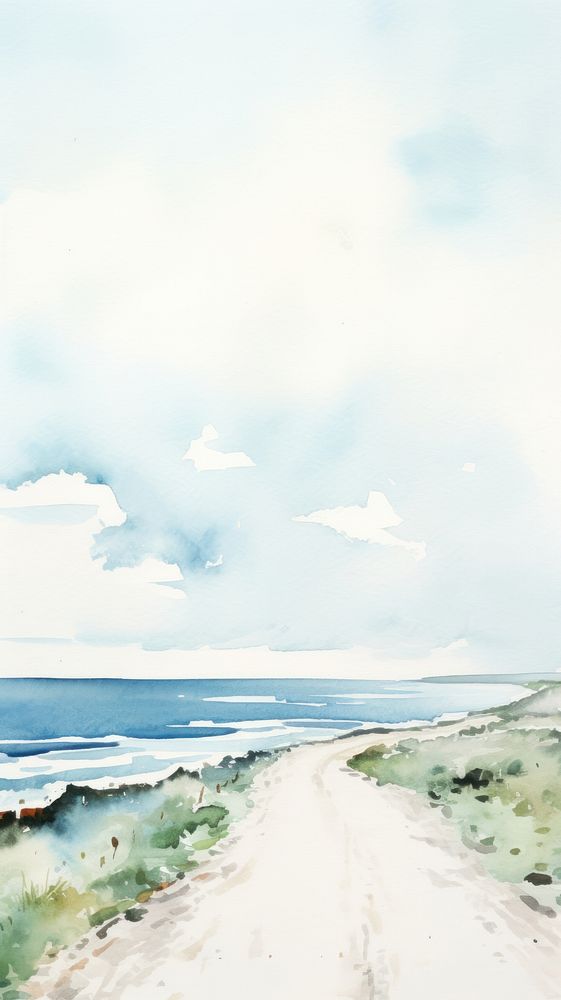 Watercolor of a road along the coast landscape outdoors horizon.