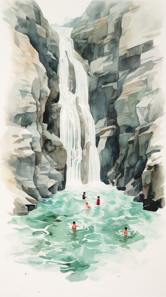 Watercolor of a waterfall swimming outdoors nature.