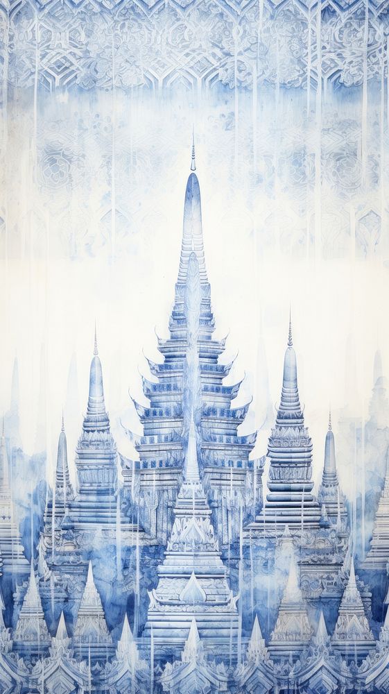 Watercolor of a Thai temple architecture building pattern.