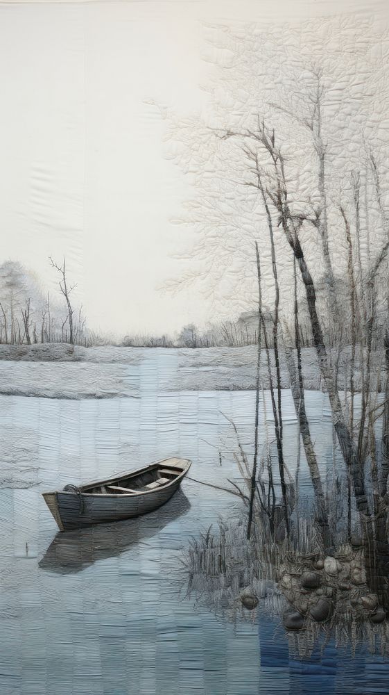 Winter lake painting vehicle rowboat.