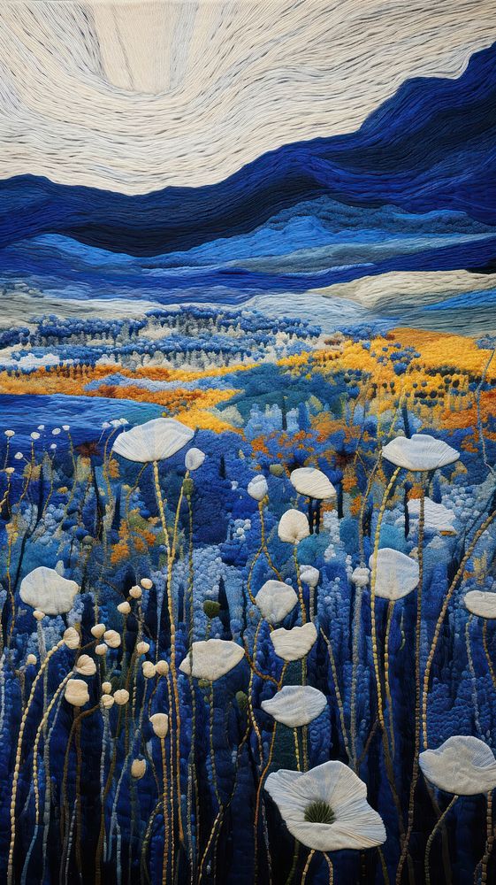 Blue flower fields landscape painting art.
