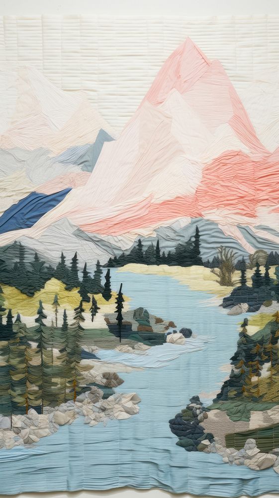 Mountain lake landscape painting textile.