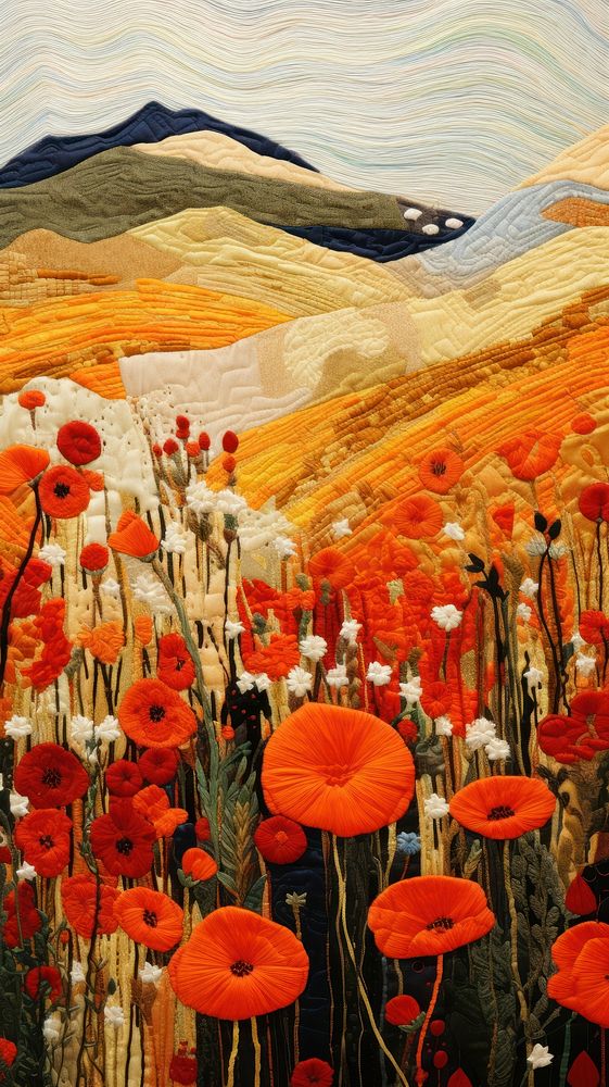Orange flower fields landscape painting plant.
