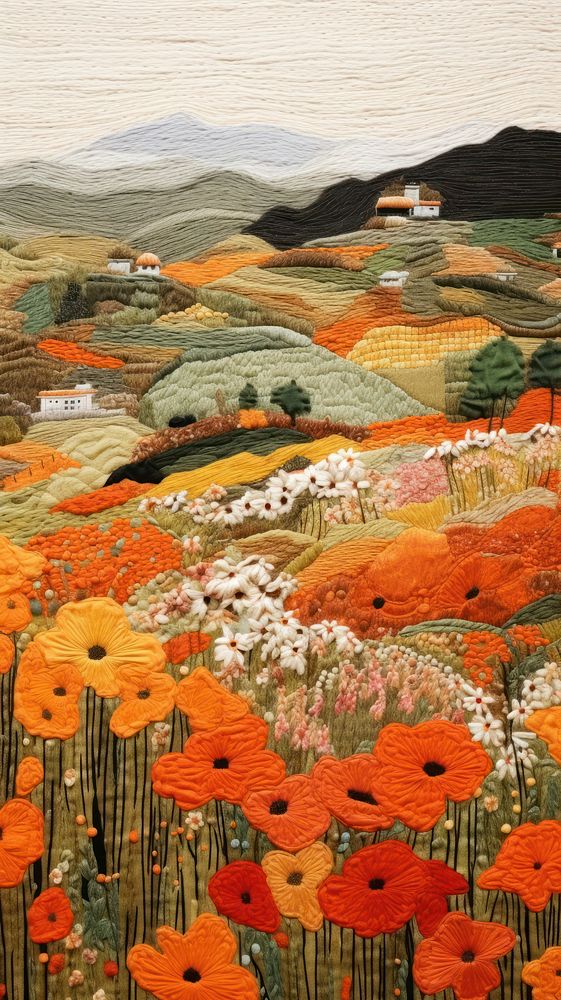Orange flower fields landscape outdoors painting.