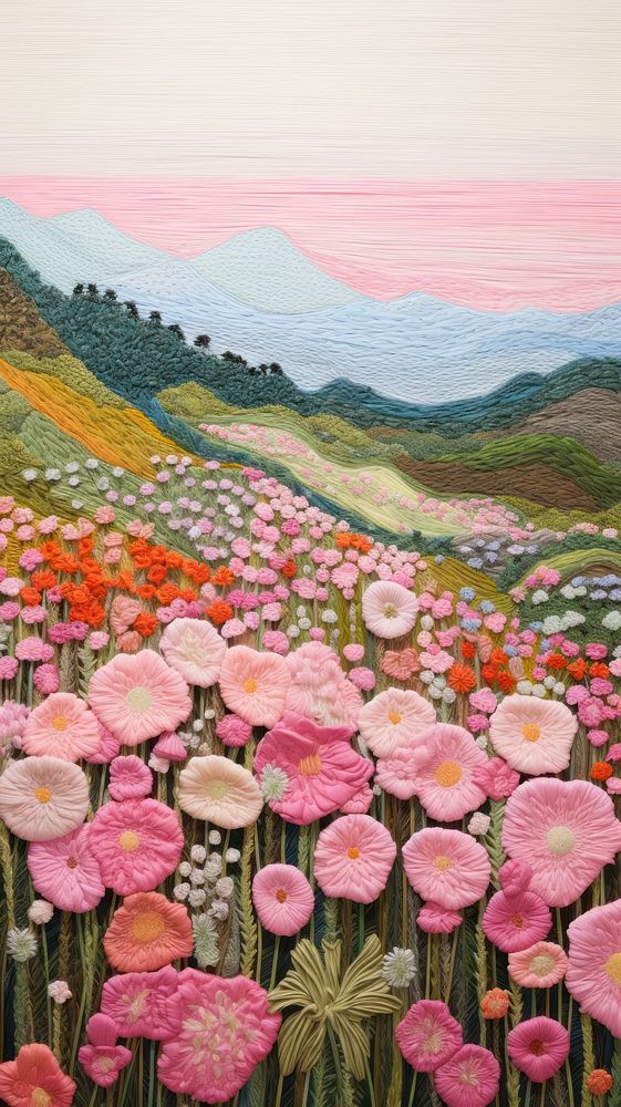 Pink flower fields landscape outdoors painting.