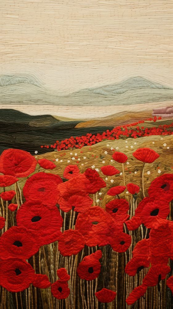 Red flower fields landscape painting pattern.