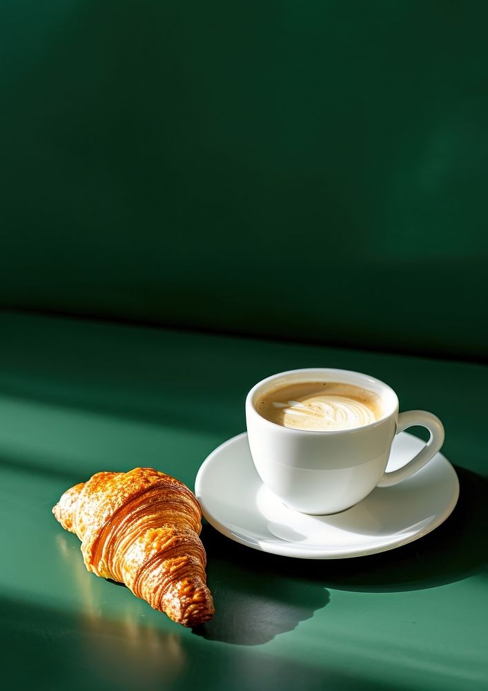 Coffee cup mockup croissant breakfast drink.