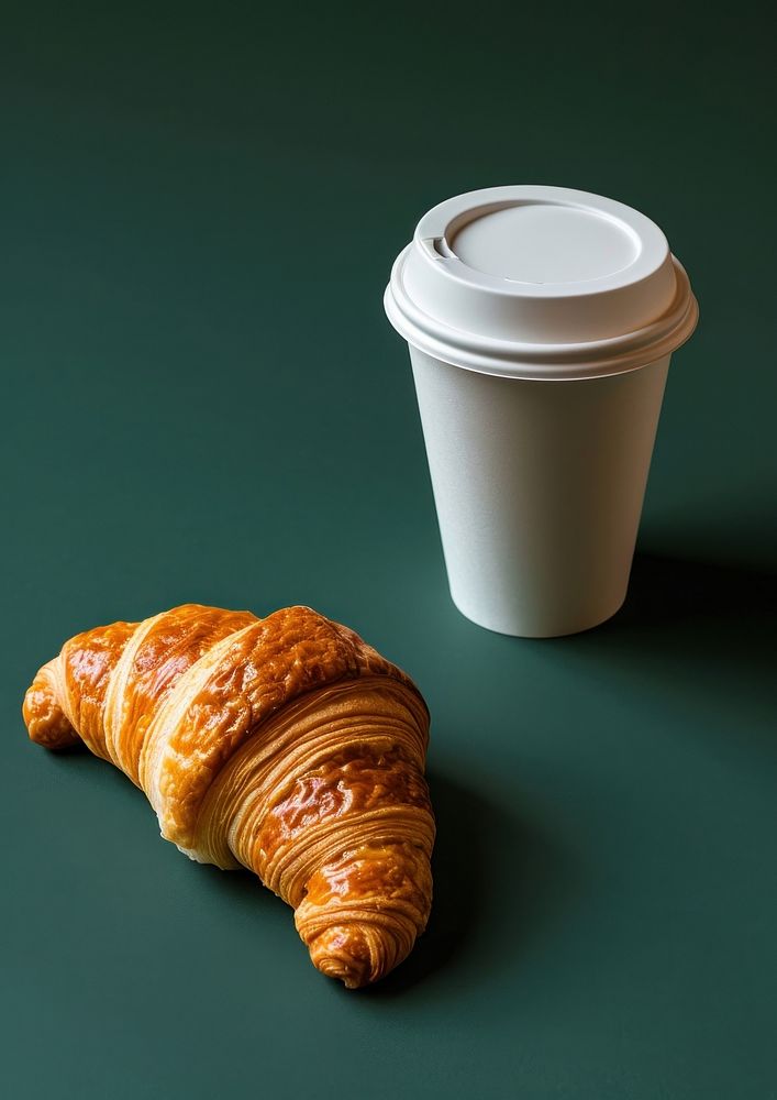 Coffee paper cup mockup croissant bread food.