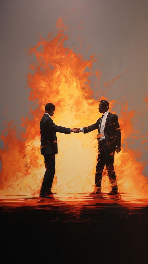 2 business men shakehand and fire on him body adult togetherness silhouette.