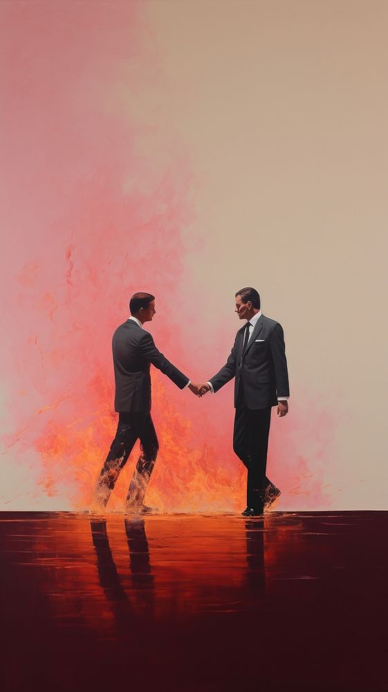 2 business men shakehand and fire on him body adult togetherness cooperation.