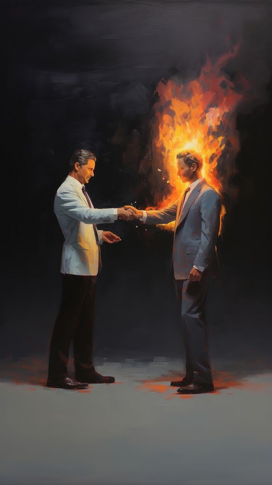 2 business men shakehand and fire on him body adult togetherness accessories.