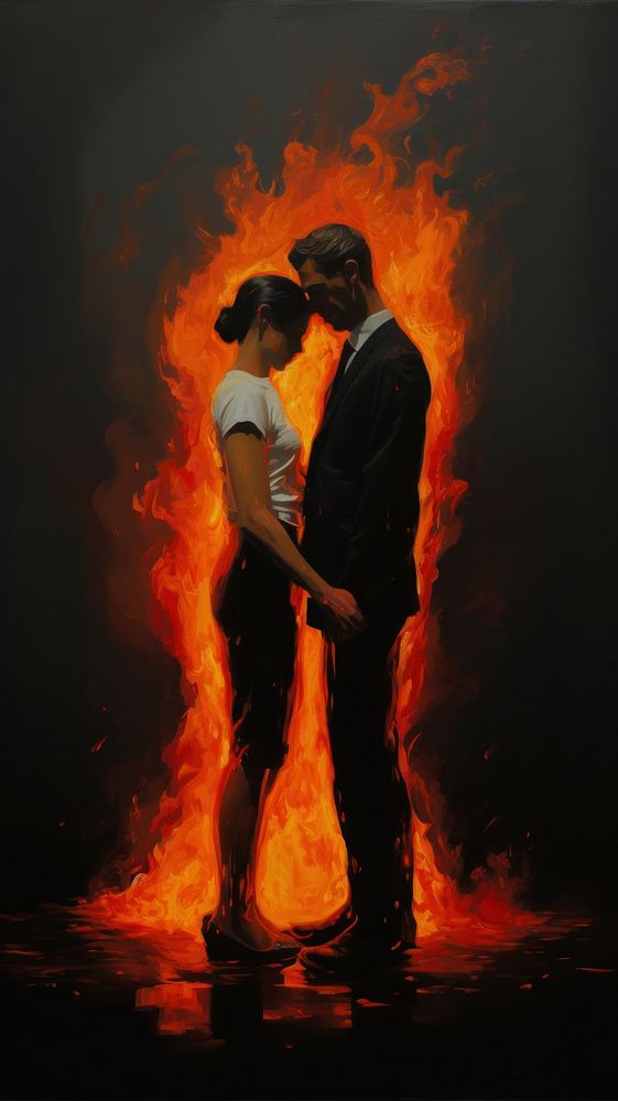 Couple kissing and fire on him body painting adult togetherness.
