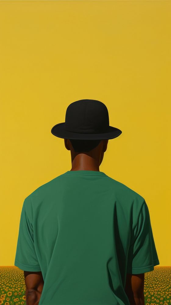 Back view black man wearing green cap sunflower t-shirt adult.