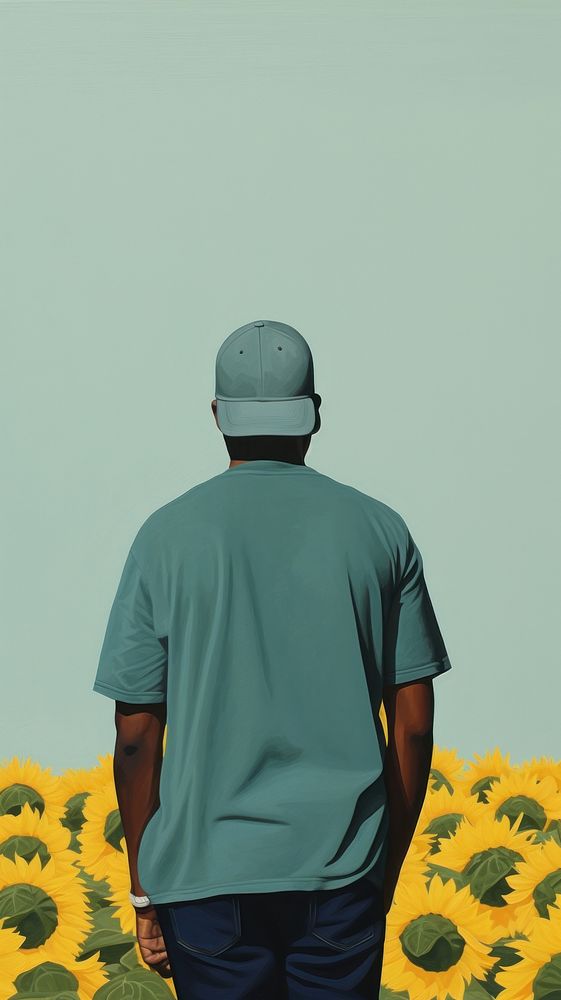 Back view black man wearing green cap sunflower t-shirt sleeve.