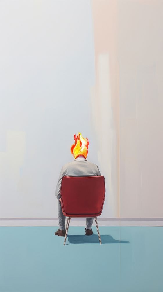 Man sitting chair burning fire furniture.
