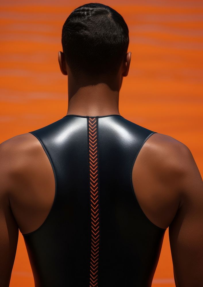 The back of a black person wearing a swimming costume exercising portrait strength.