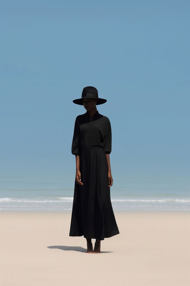 Black woman wear minimal beach fashionable adult tranquility silhouette.